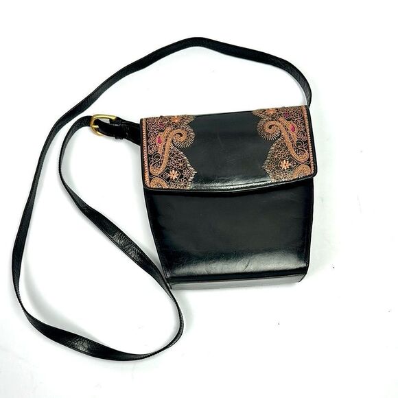 Oscar De La Renta Studio Black Leather Crossbody Shoulder Bag Purse Embroidered - Picture 3 of 16